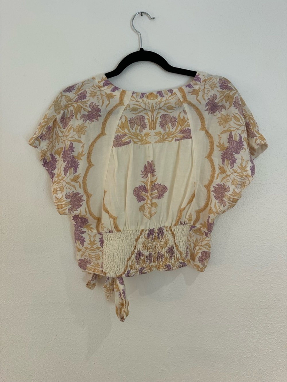 Free People Arielle Cream Floral Tie-Front Blouse Linen Blend - Size M Boho Chic - Picture 2 of 6